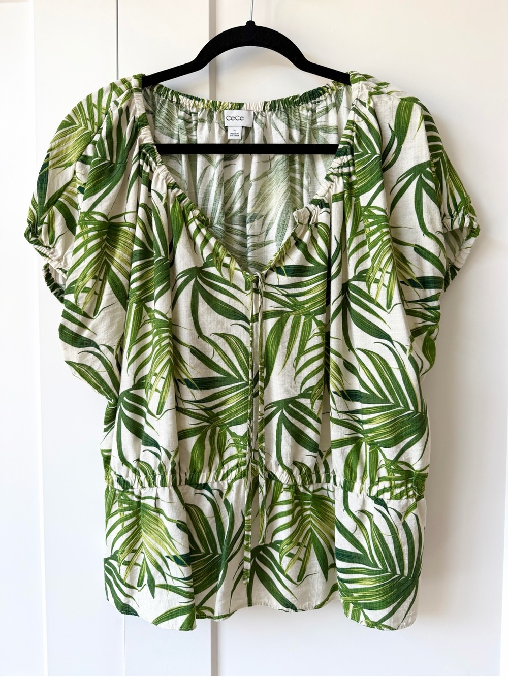 CeCe Green Palm-Print Peasant Top